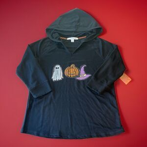Magical Season Halloween Hoodie Ghost Pumpkin Witch Hat Rhinestone Black Sz S